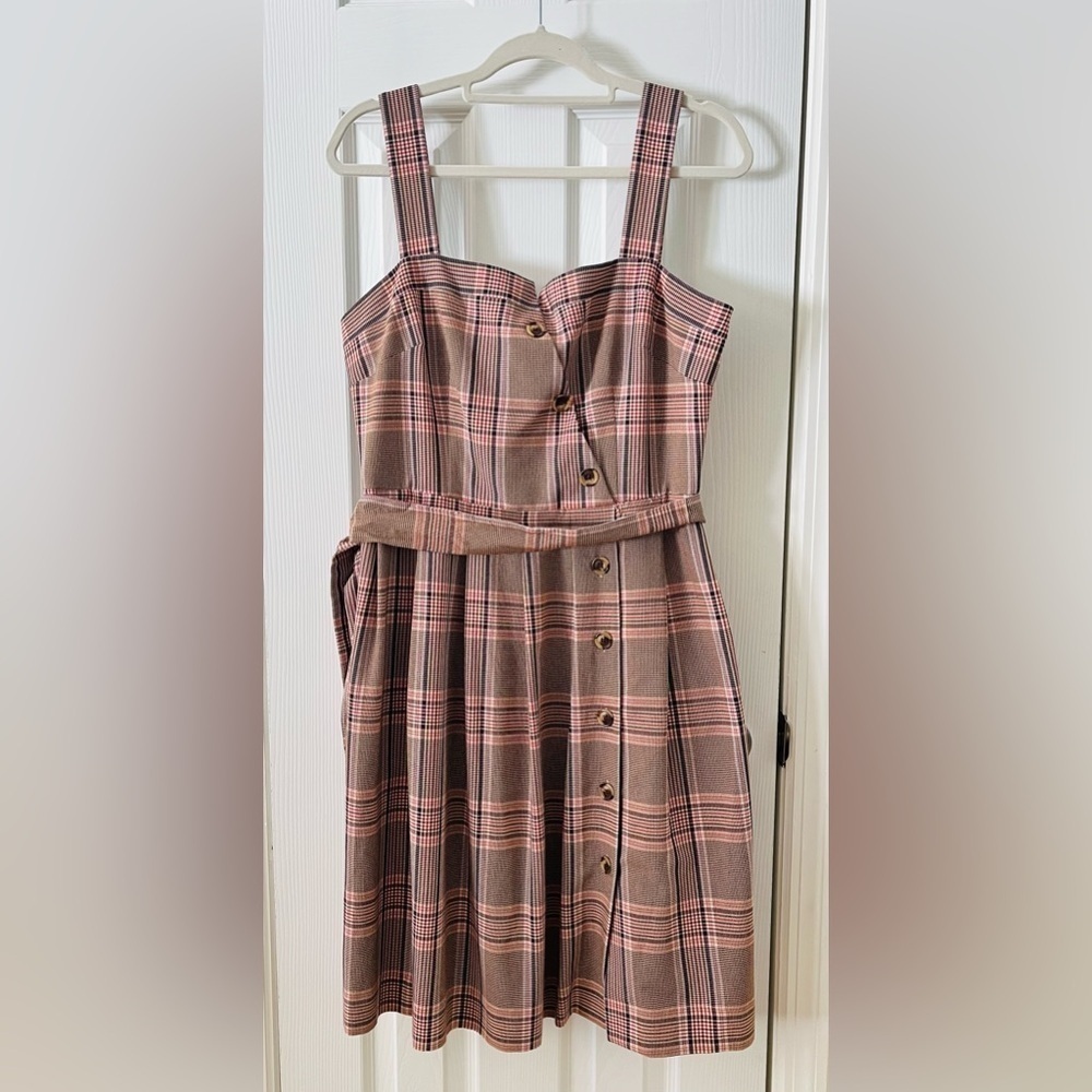 Gal Meets Glam Pink and Brown Plaid Madison Tie-Front Mini Dress Size 12 - Picture 2 of 8